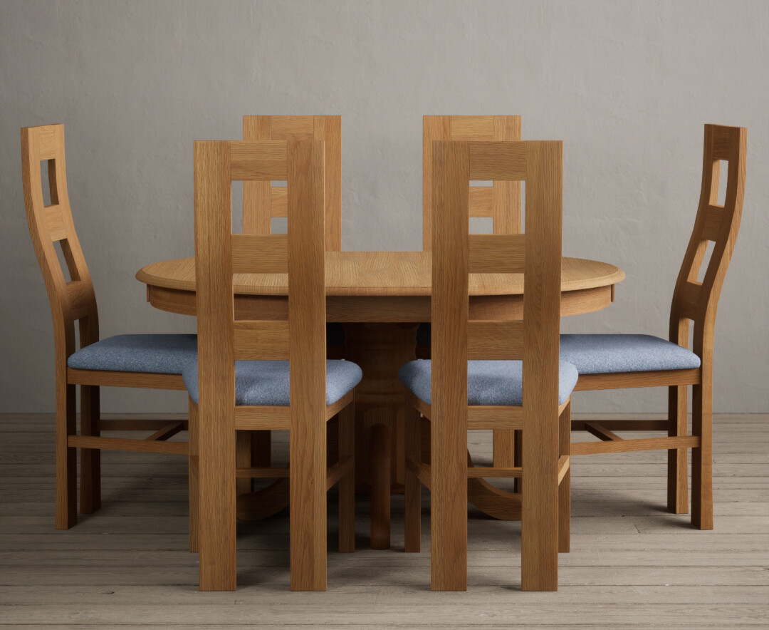 Extending Hertford 100cm 130cm Solid Oak Pedestal Dining Table With 6 Blue Flow Back Chairs