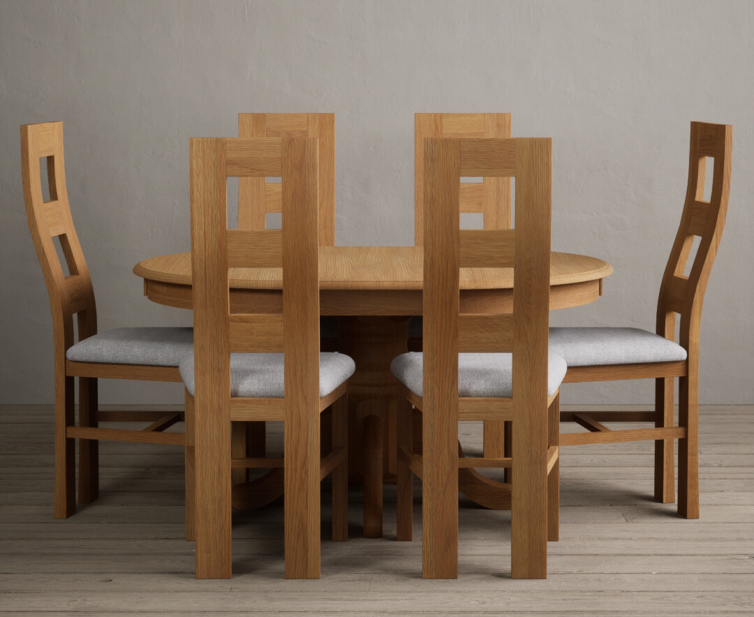 Product photograph of Extending Hertford 100cm - 130cm Solid Oak Pedestal Dining Table With 6 Light Grey Flow Back Chairs from Oak Furniture Superstore