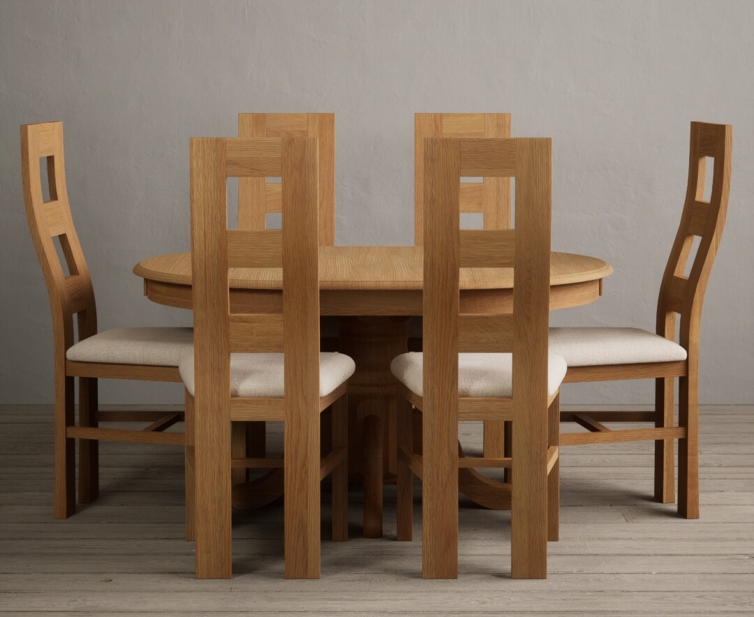 Product photograph of Extending Hertford 100cm - 130cm Solid Oak Pedestal Dining Table With 6 Linen Flow Back Chairs from Oak Furniture Superstore