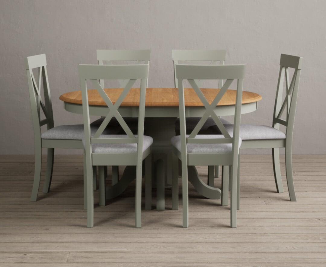 Extending Hertford 100cm 130cm Oak And Soft Green Painted Pedestal Dining Table With 4 Brown Hertford Chairs