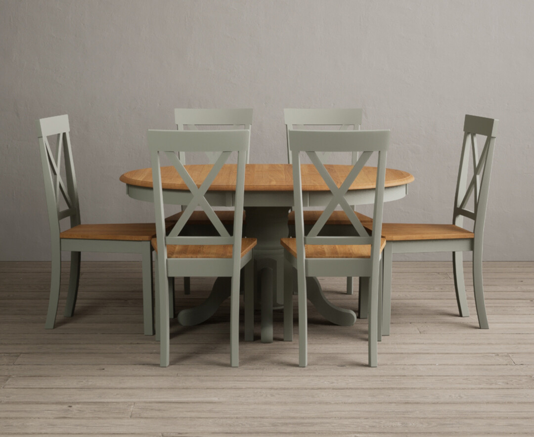 Product photograph of Extending Hertford 100cm - 130cm Oak And Soft Green Painted Pedestal Dining Table With 6 Charcoal Grey Hertford Chairs from Oak Furniture Superstore