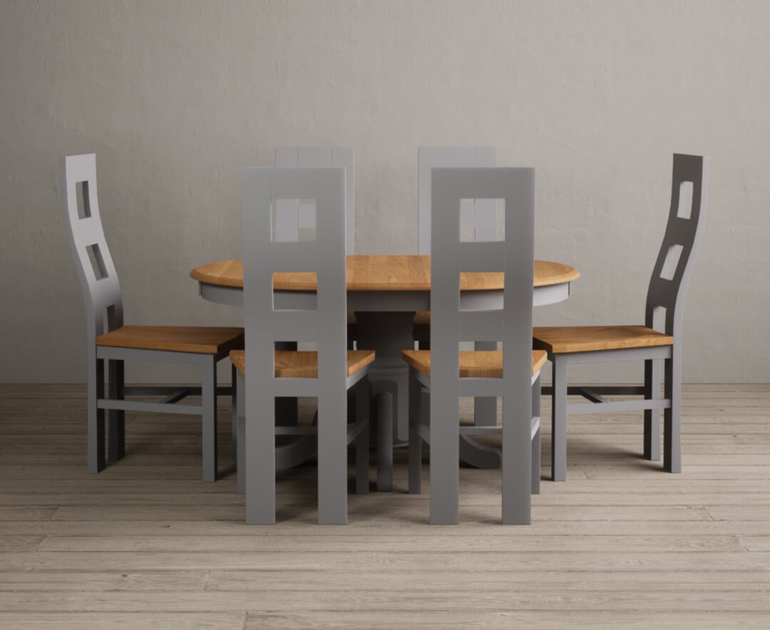 Extending Hertford 100cm 130cm Oak And Light Grey Painted Pedestal Dining Table With 6 Blue Painted Chairs