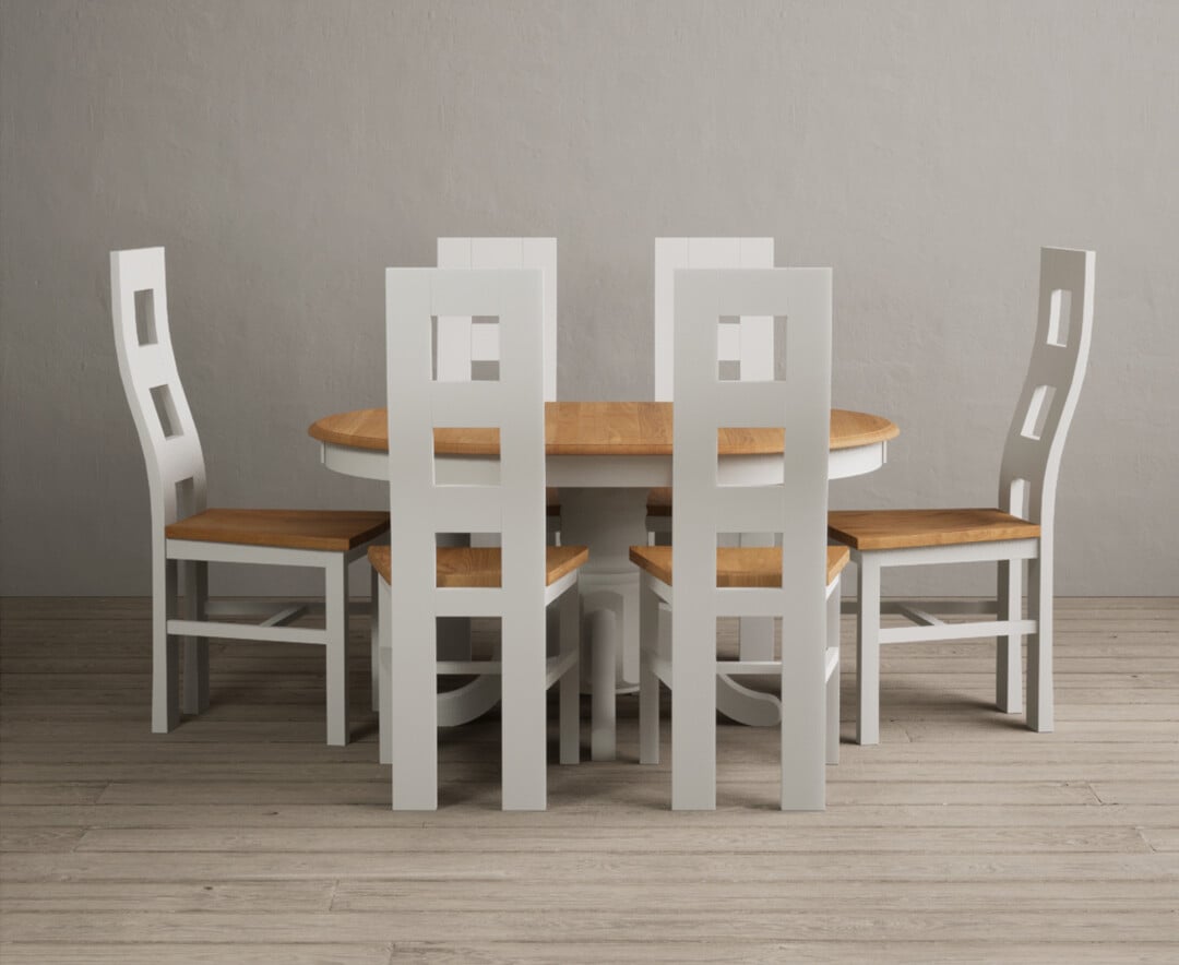 Extending Hertford 100cm 130cm Oak And Signal White Painted Pedestal Dining Table With 4 Linen Painted Chairs