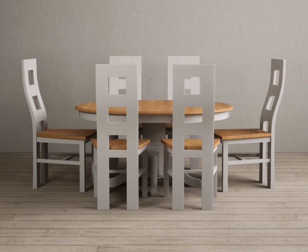 Extending Hertford 100cm 130cm Oak And Soft White Painted Pedestal Dining Table With 6 Linen Painted Chairs