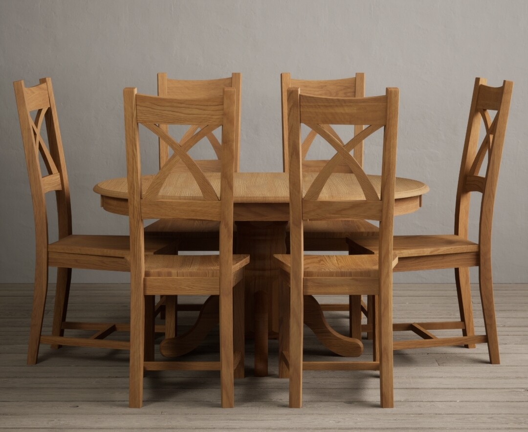 Product photograph of Extending Hertford 100cm - 130cm Solid Oak Pedestal Dining Table With 6 Oak X Back Chairs from Oak Furniture Superstore
