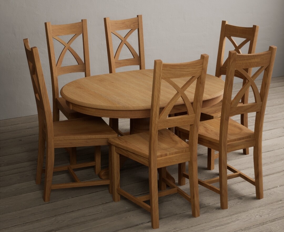 Photo 1 of Extending hertford 100cm - 130cm solid oak pedestal dining table with 6 light grey x back chairs