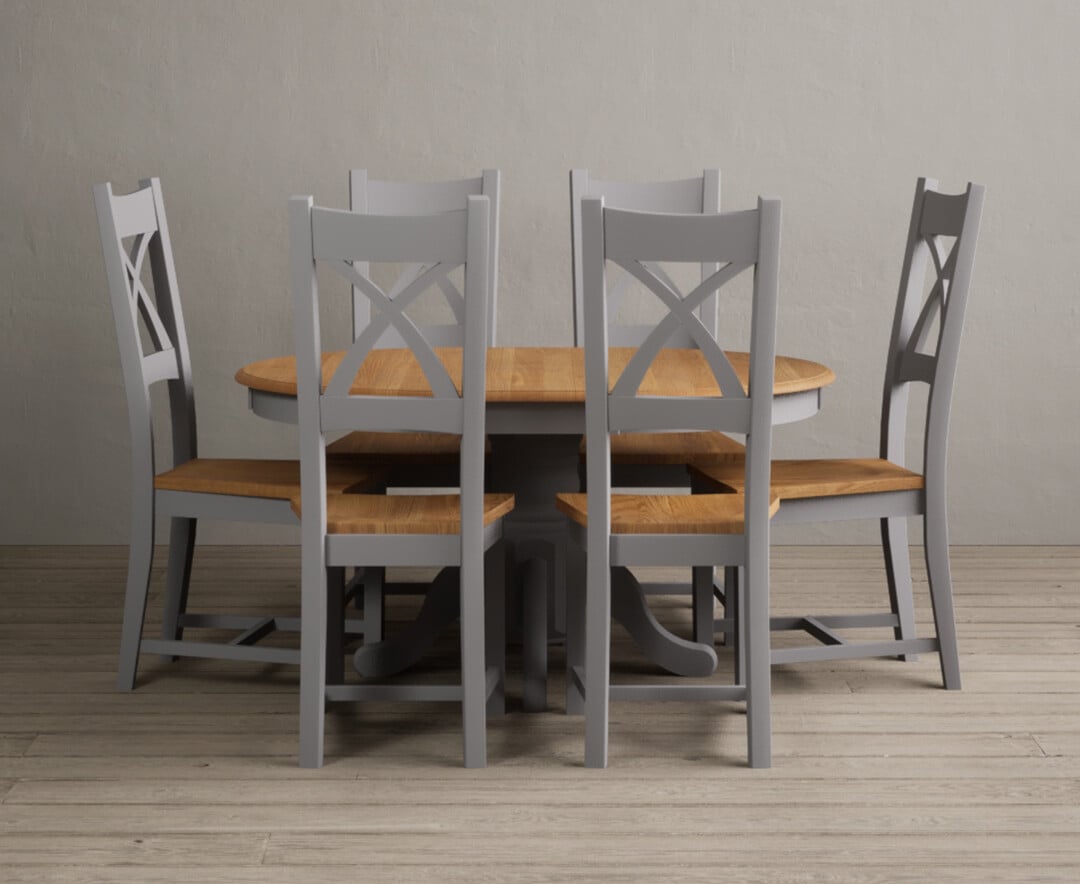 Extending Hertford 100cm 130cm Oak And Light Grey Painted Pedestal Dining Table With 4 Blue Natural Solid Oak Chairs