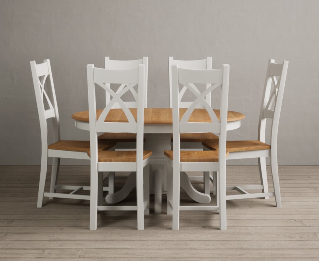 Extending Hertford 100cm 130cm Oak And Signal White Painted Pedestal Dining Table With 6 Blue Natural Solid Oak Chairs