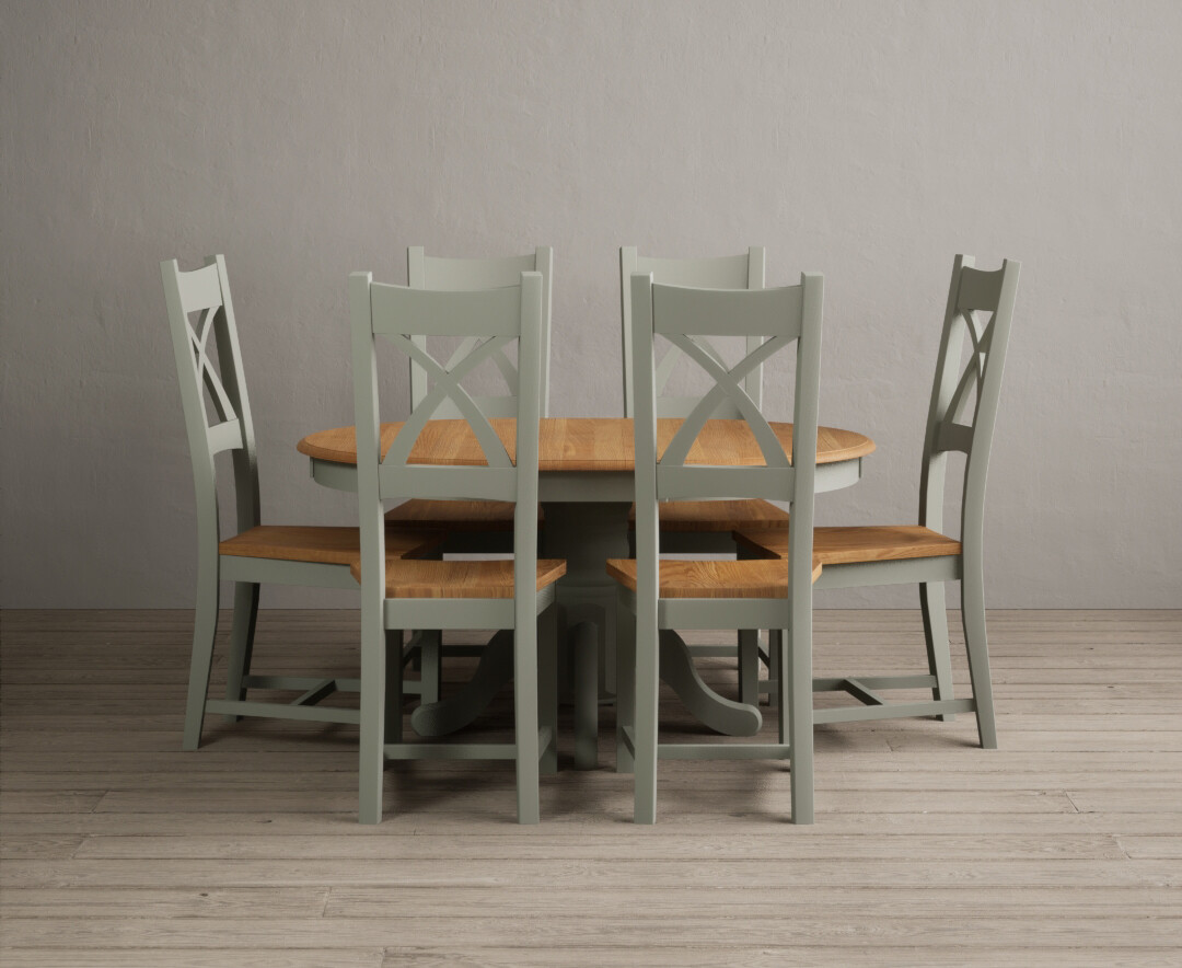 Product photograph of Extending Hertford 100cm - 130cm Oak And Soft Green Painted Pedestal Dining Table With 6 Linen Painted Chairs from Oak Furniture Superstore