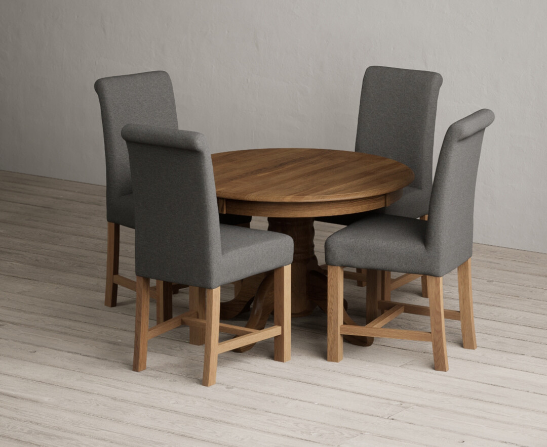 Extending Hertford 100cm 130cm Rustic Oak Pedestal Dining Table With 4 Brown Scroll Back Chairs