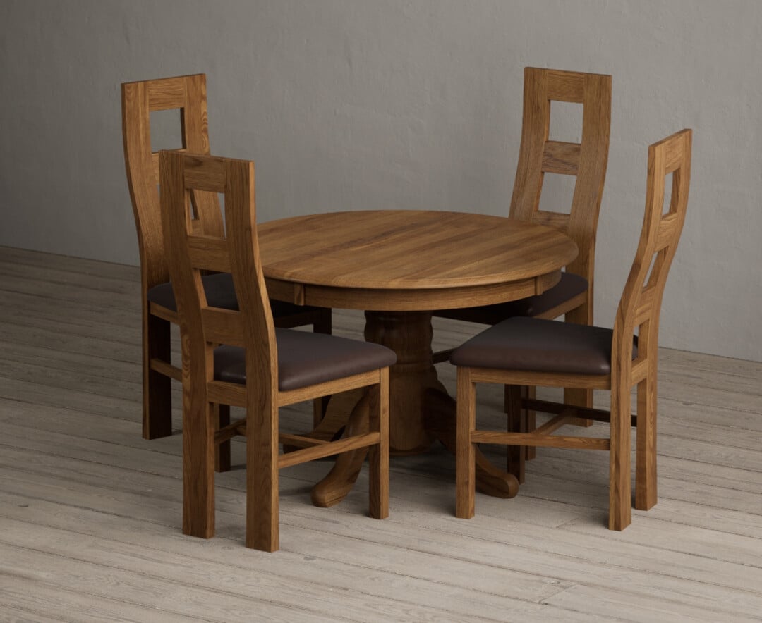 Extending Hertford 100cm 130cm Rustic Oak Pedestal Dining Table With 4 Blue Rustic Solid Oak Chairs