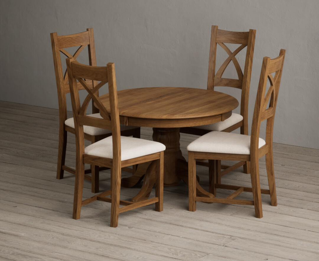 Extending Hertford 100cm 130cm Rustic Oak Pedestal Dining Table With 6 Blue Rustic Solid Oak Chairs