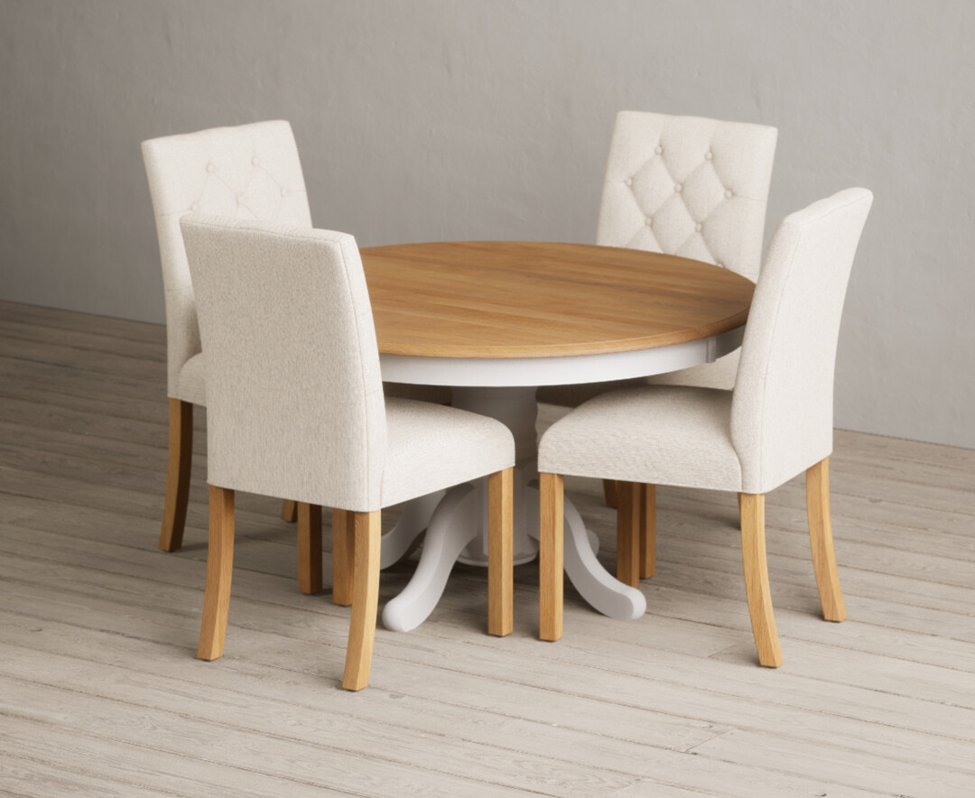 Product photograph of Hertford 120cm Fixed Top Oak And Soft White Painted Dining Table With 4 Grey Isabella Chairs from Oak Furniture Superstore