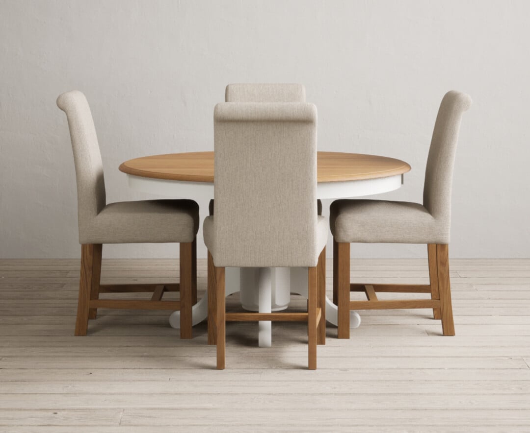 Product photograph of Hertford 120cm Fixed Top Oak And Signal White Painted Dining Table With 4 Brown Scroll Back Chairs from Oak Furniture Superstore