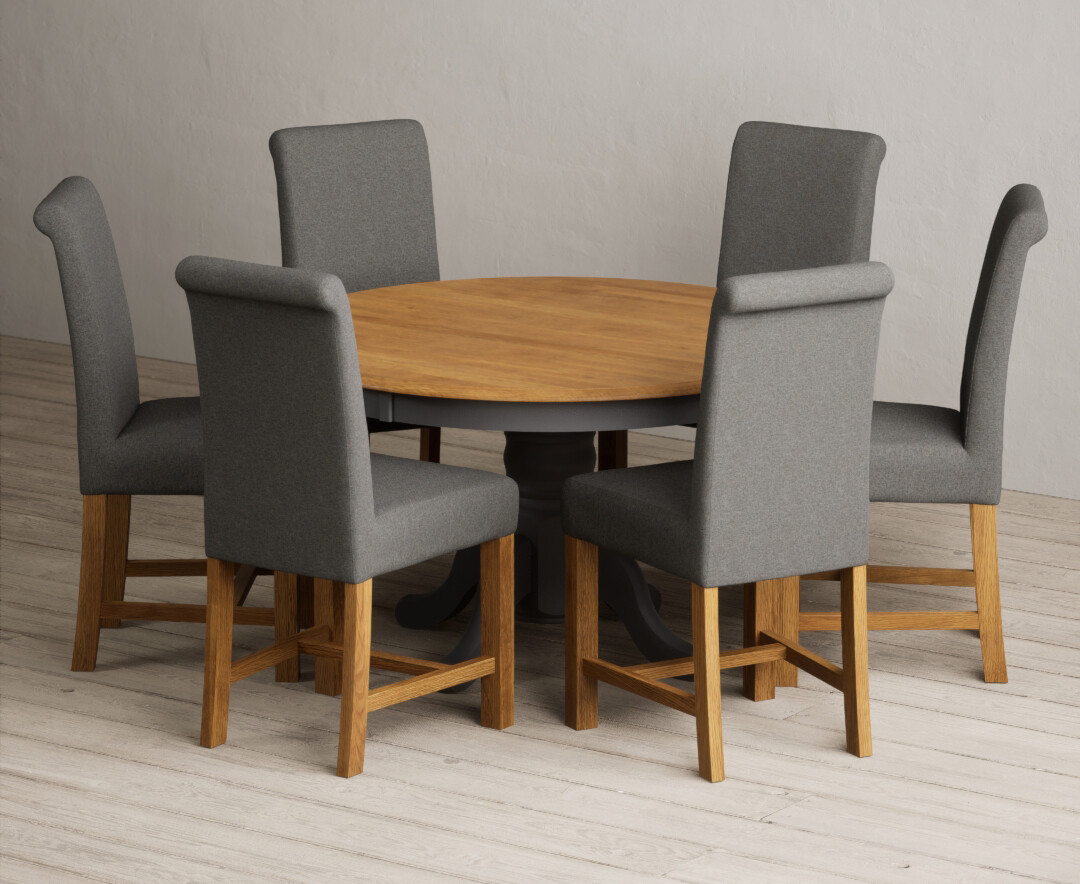 Hertford 120cm Fixed Top Oak And Charcoal Grey Painted Dining Table With 6 Charcoal Grey Chairs