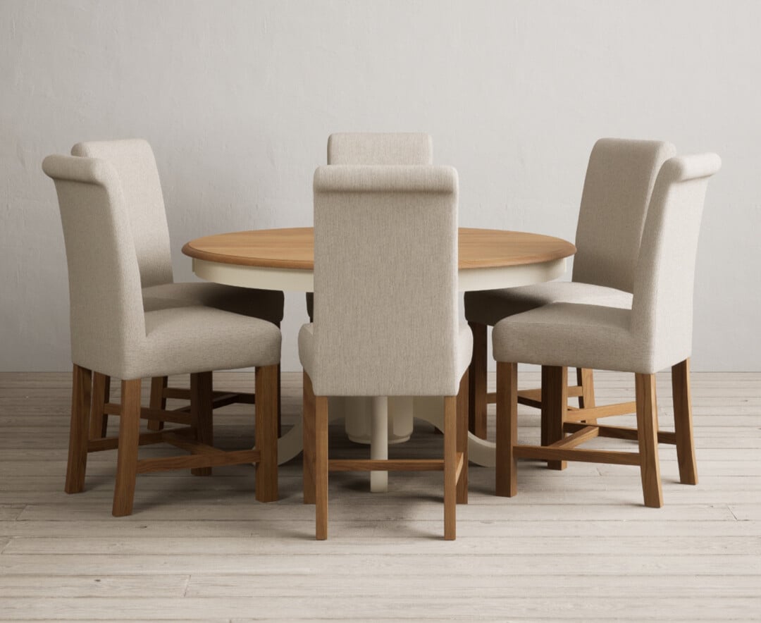 Product photograph of Hertford 120cm Fixed Top Oak And Cream Painted Dining Table With 4 Blue Scroll Back Chairs from Oak Furniture Superstore