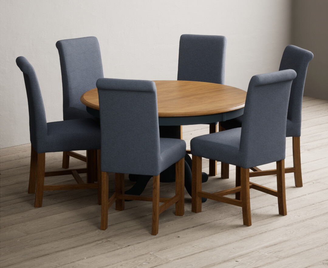 Hertford 120cm Fixed Top Oak And Dark Blue Painted Dining Table With 4 Charcoal Grey Chairs