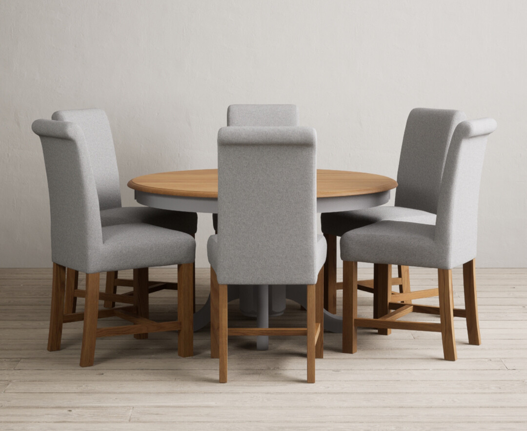 Product photograph of Hertford 120cm Fixed Top Oak And Light Grey Painted Dining Table With 4 Blue Scroll Back Chairs from Oak Furniture Superstore