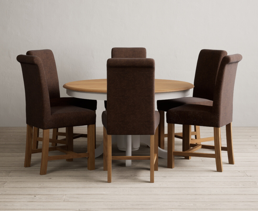 Product photograph of Hertford 120cm Fixed Top Oak And Soft White Painted Dining Table With 4 Charcoal Grey Scroll Back Chairs from Oak Furniture Superstore