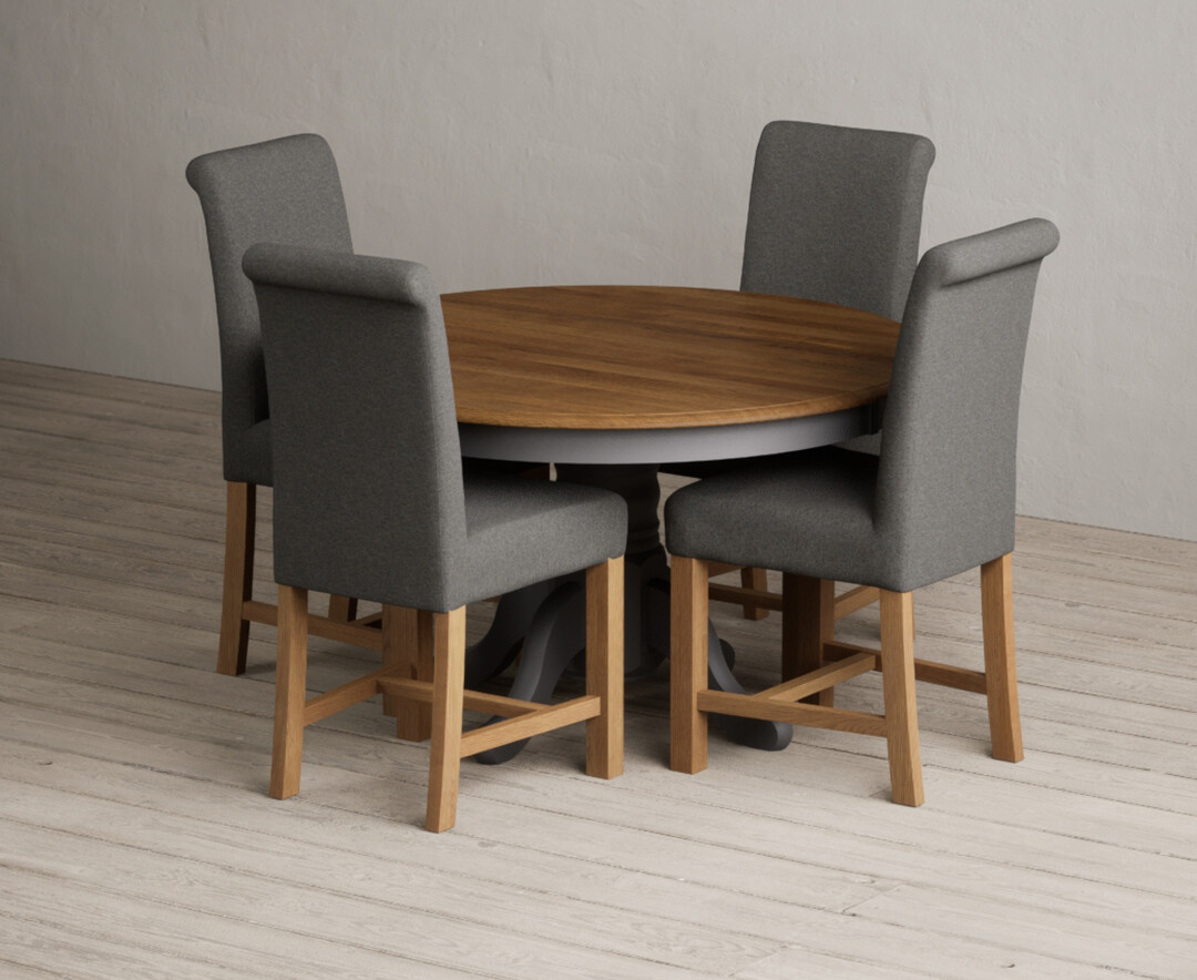 Product photograph of Hertford 120cm Fixed Top Oak And Charcoal Grey Painted Dining Table With 4 Grey Scroll Back Chairs from Oak Furniture Superstore