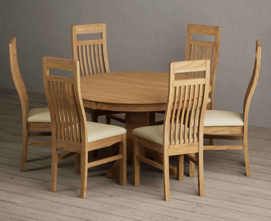 Product photograph of Hertford 120cm Fixed Top Solid Oak Dining Table With 6 Cream Chairs from Oak Furniture Superstore