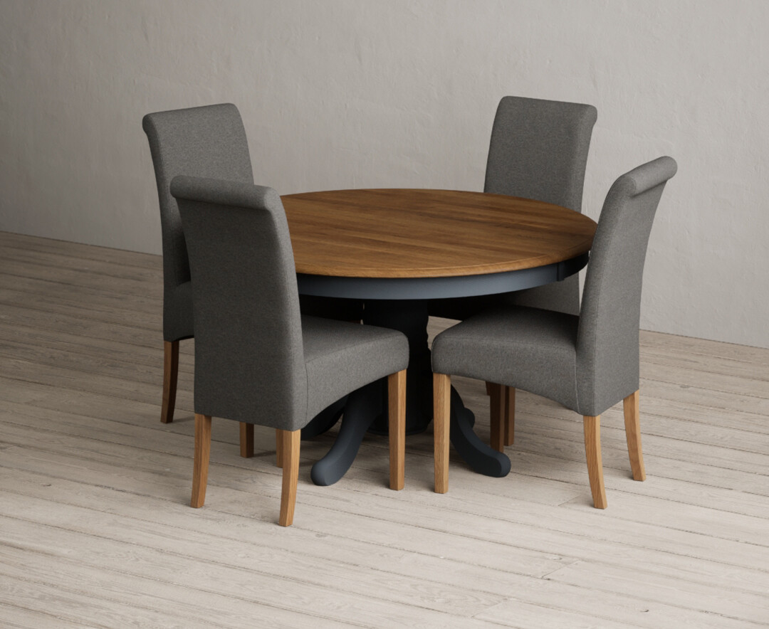 Product photograph of Hertford 120cm Fixed Top Oak And Dark Blue Painted Dining Table With 6 Blue Scroll Back Chairs from Oak Furniture Superstore
