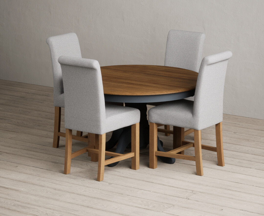 Product photograph of Hertford 120cm Fixed Top Oak And Dark Blue Painted Dining Table With 4 Charcoal Grey Scroll Back Chairs from Oak Furniture Superstore