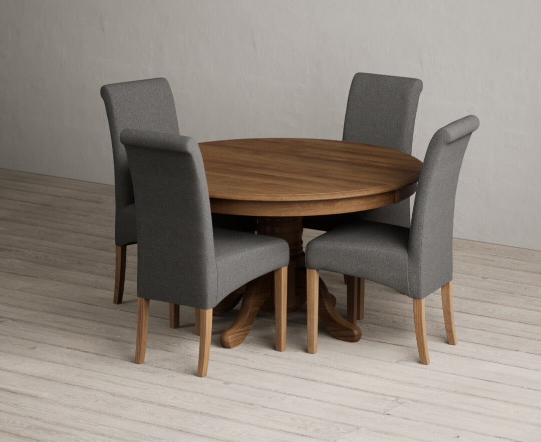 Hertford 120cm Fixed Top Rustic Oak Dining Table With 6 Natural Scroll Back Chairs