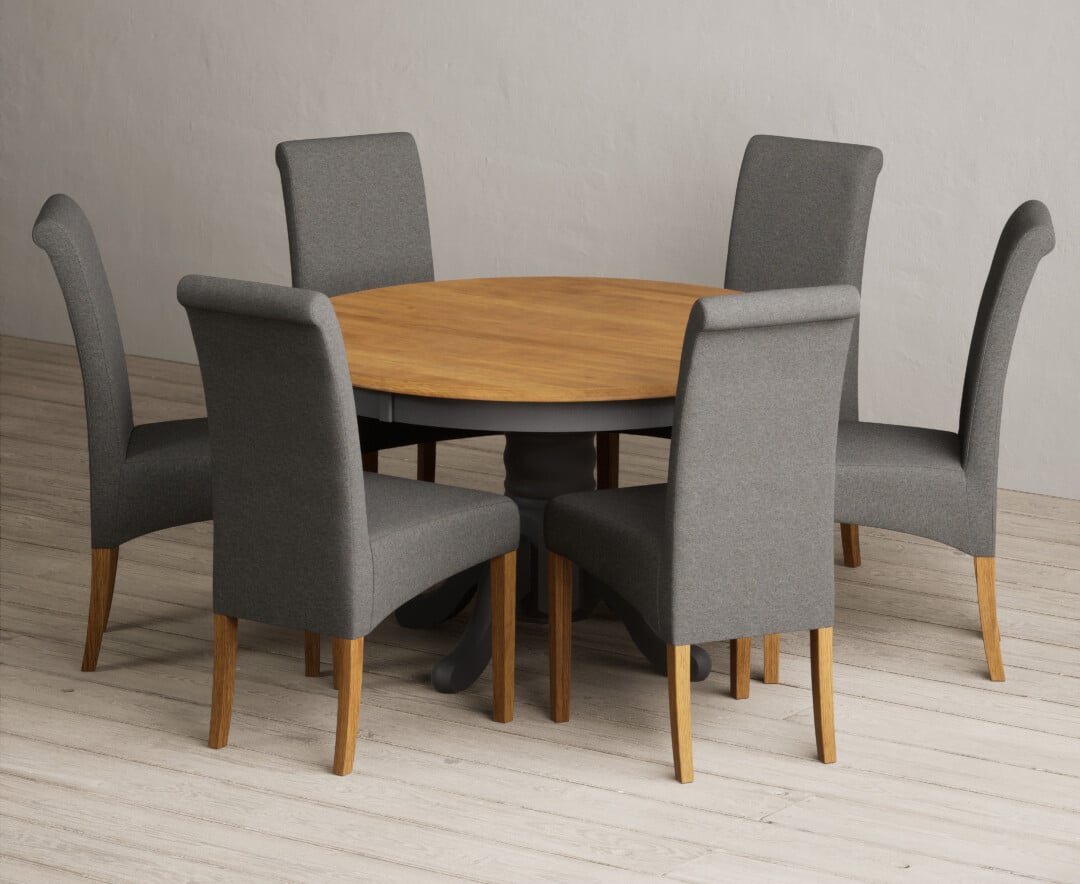 Hertford 120cm Fixed Top Oak And Charcoal Grey Painted Dining Table With 6 Blue Chairs