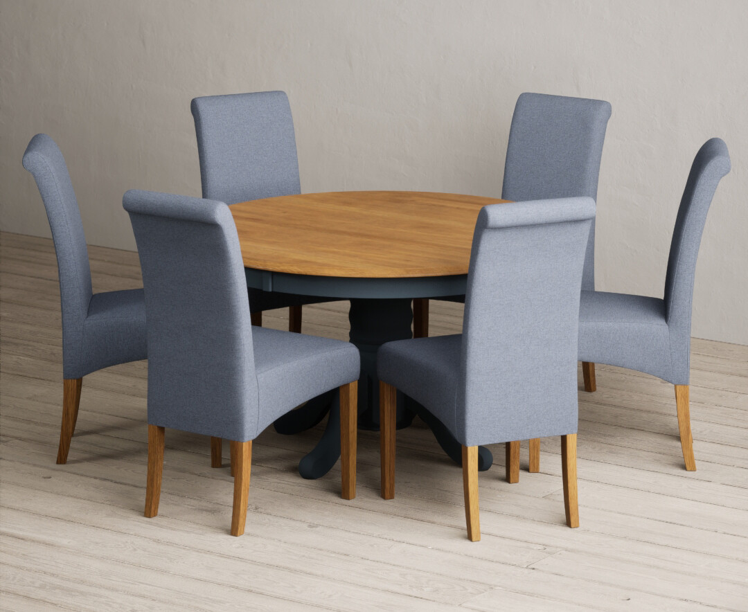 Hertford 120cm Fixed Top Oak And Dark Blue Painted Dining Table With 4 Grey Chairs