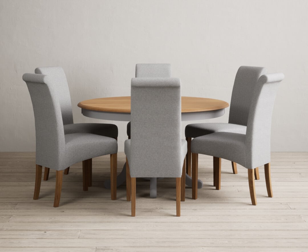 Hertford 120cm Fixed Top Oak And Light Grey Painted Dining Table With 4 Natural Chairs