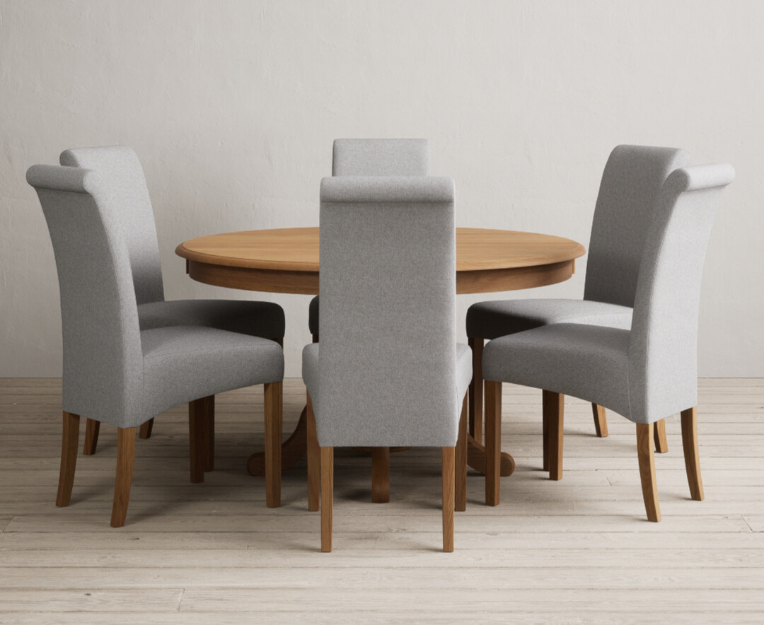Hertford 120cm Fixed Top Solid Oak Dining Table With 6 Blue Scroll Back Chairs