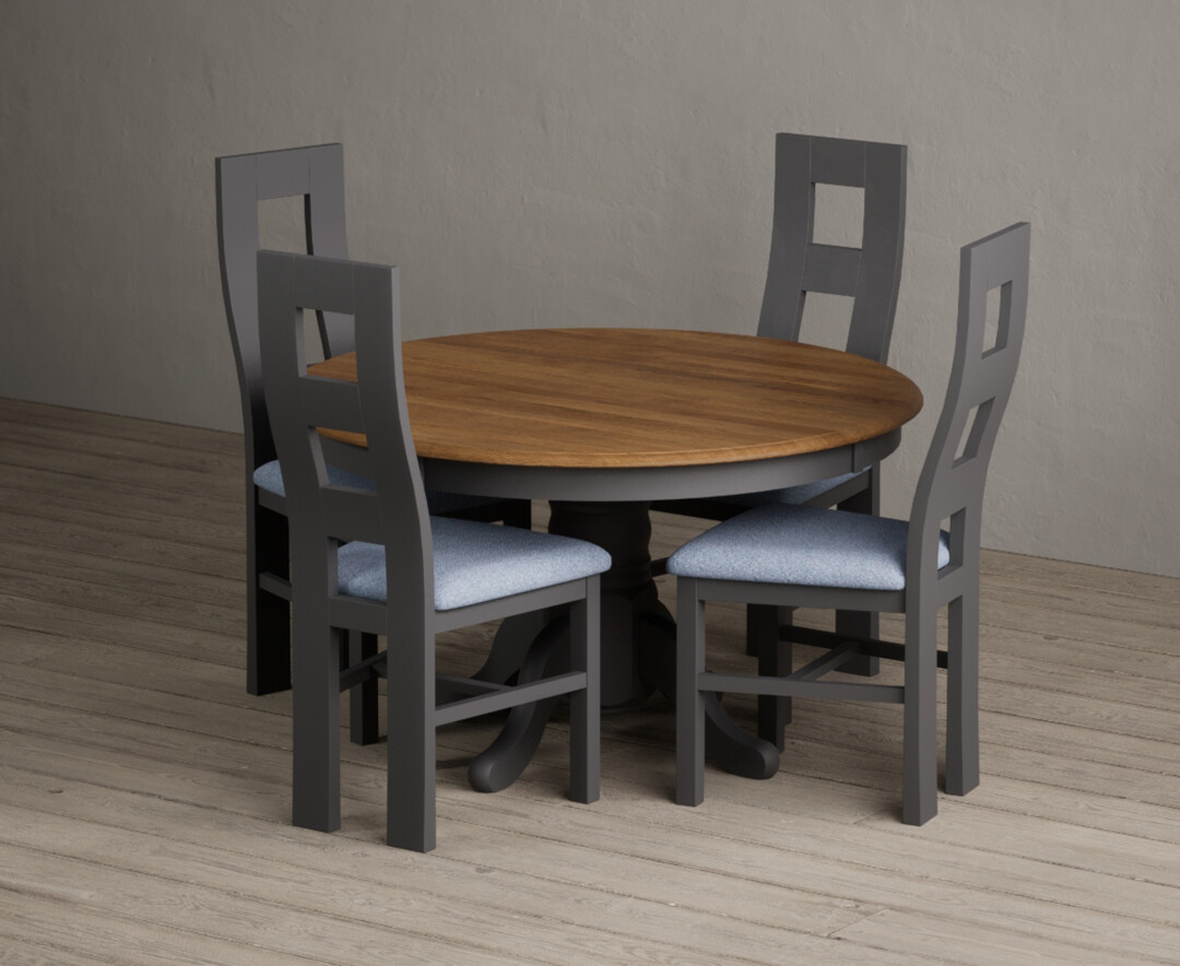 Hertford 120cm Fixed Top Oak And Charcoal Grey Painted Dining Table With 6 Charcoal Grey Painted Chairs