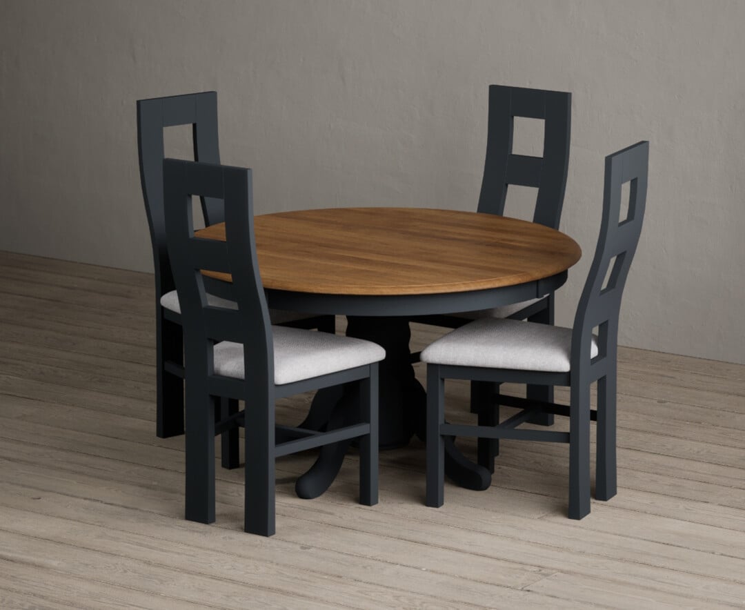 Hertford 120cm Fixed Top Oak And Dark Blue Painted Dining Table With 4 Rustic Oak Painted Chairs