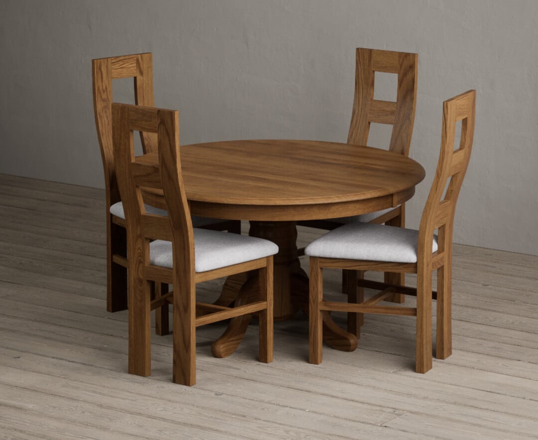 Hertford 120cm Fixed Top Rustic Oak Dining Table With 6 Linen Rustic Solid Oak Chairs
