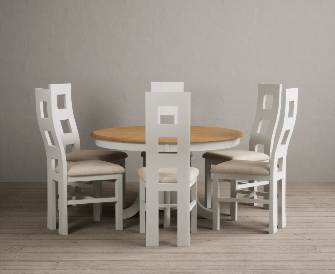 Product photograph of Hertford 120cm Fixed Top Oak And Signal White Painted Dining Table With 4 Charcoal Grey Painted Chairs from Oak Furniture Superstore