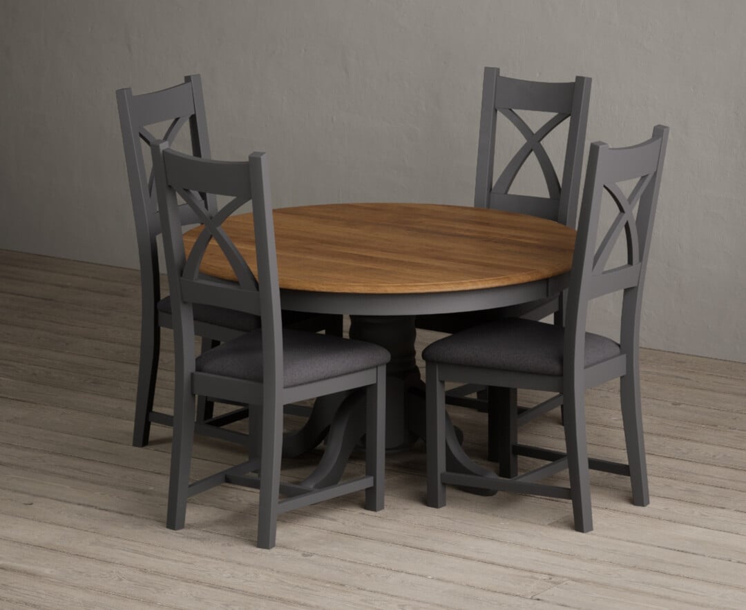 Hertford 120cm Fixed Top Oak And Charcoal Grey Painted Dining Table With 4 Charcoal Grey Painted Chairs