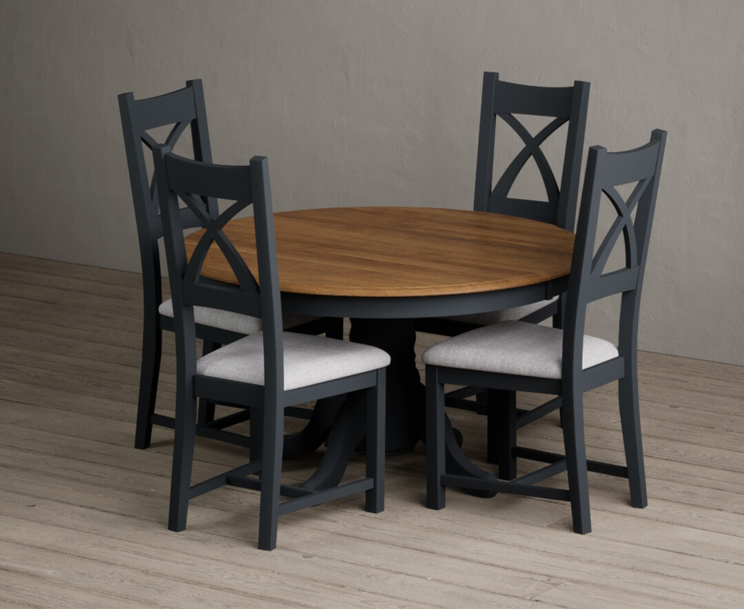 Hertford 120cm Fixed Top Oak And Dark Blue Painted Dining Table With 6 Linen Painted Chairs