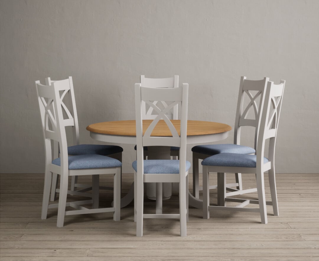 Product photograph of Hertford 120cm Fixed Top Oak And Soft White Painted Dining Table With 4 Light Grey Painted Chairs from Oak Furniture Superstore