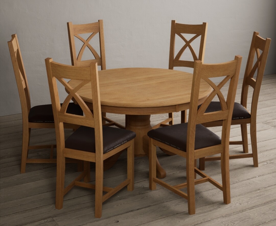 Product photograph of Hertford 120cm Fixed Top Solid Oak Round Pedestal Table With 4 Brown X Back Chairs from Oak Furniture Superstore