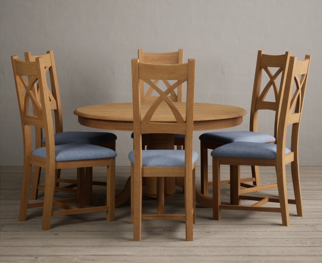 Product photograph of Hertford 120cm Fixed Top Solid Oak Round Pedestal Table With 6 Blue X Back Chairs from Oak Furniture Superstore