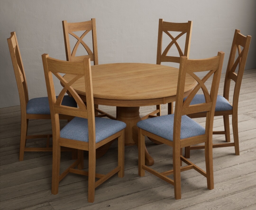 Photo 1 of Hertford 120cm fixed top solid oak round pedestal table with 4 charcoal grey x back chairs