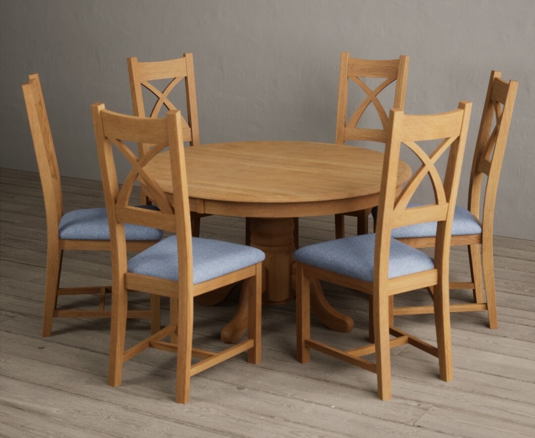 Photo 2 of Hertford 120cm fixed top solid oak round pedestal table with 6 oak x back chairs