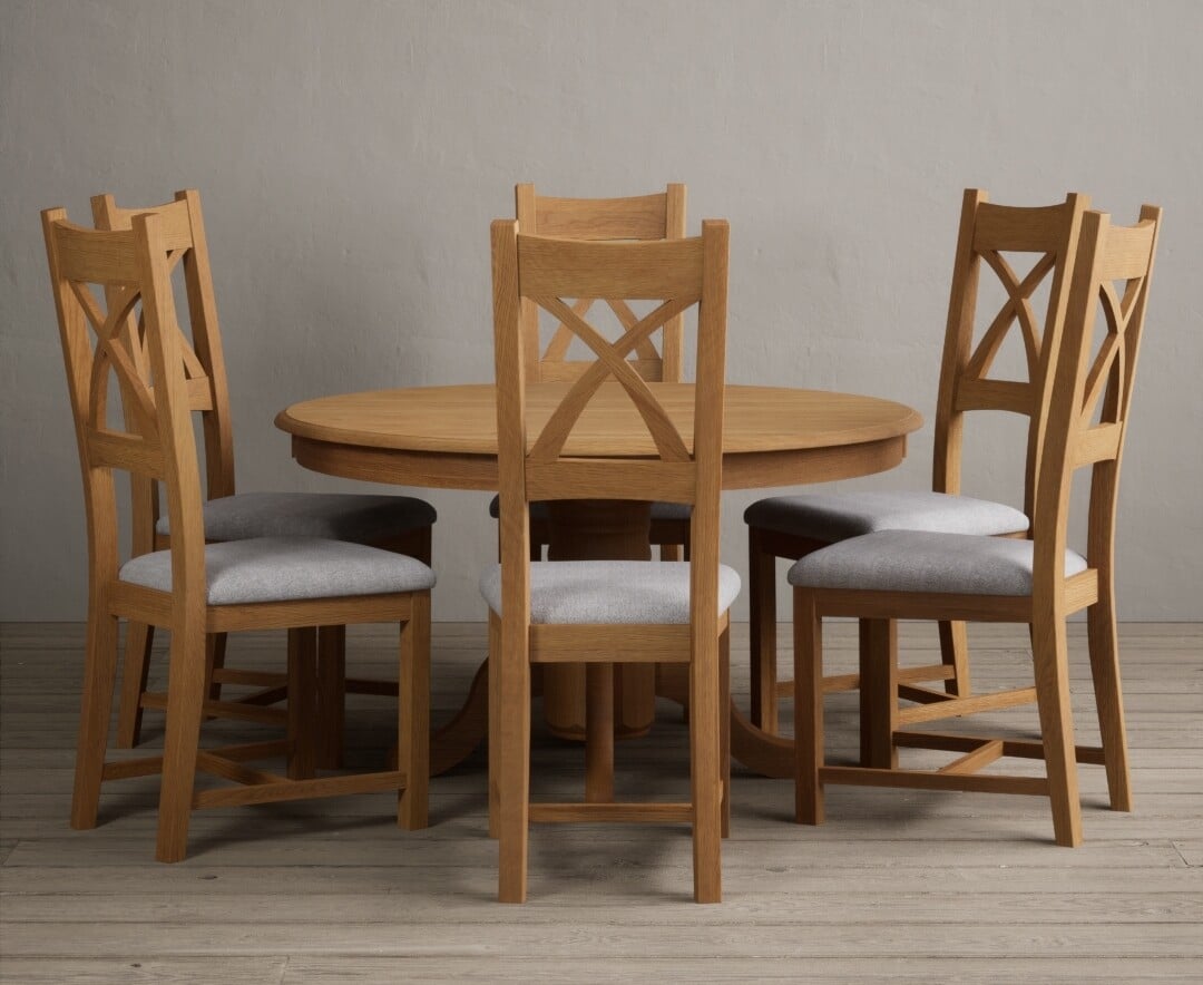 Hertford 120cm Fixed Top Solid Oak Dining Table With 4 Light Grey Natural Solid Oak Chairs
