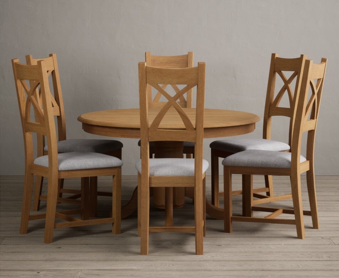 Product photograph of Hertford 120cm Fixed Top Solid Oak Round Pedestal Table With 6 Light Grey X Back Chairs from Oak Furniture Superstore