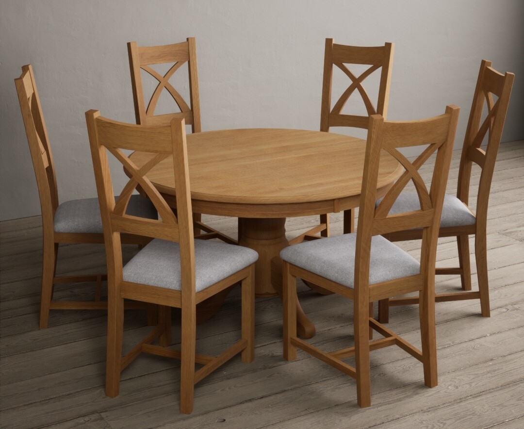 Photo 1 of Hertford 120cm fixed top solid oak round pedestal table with 6 blue x back chairs