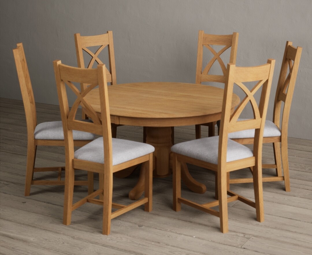 Photo 2 of Hertford 120cm fixed top solid oak round pedestal table with 4 blue x back chairs
