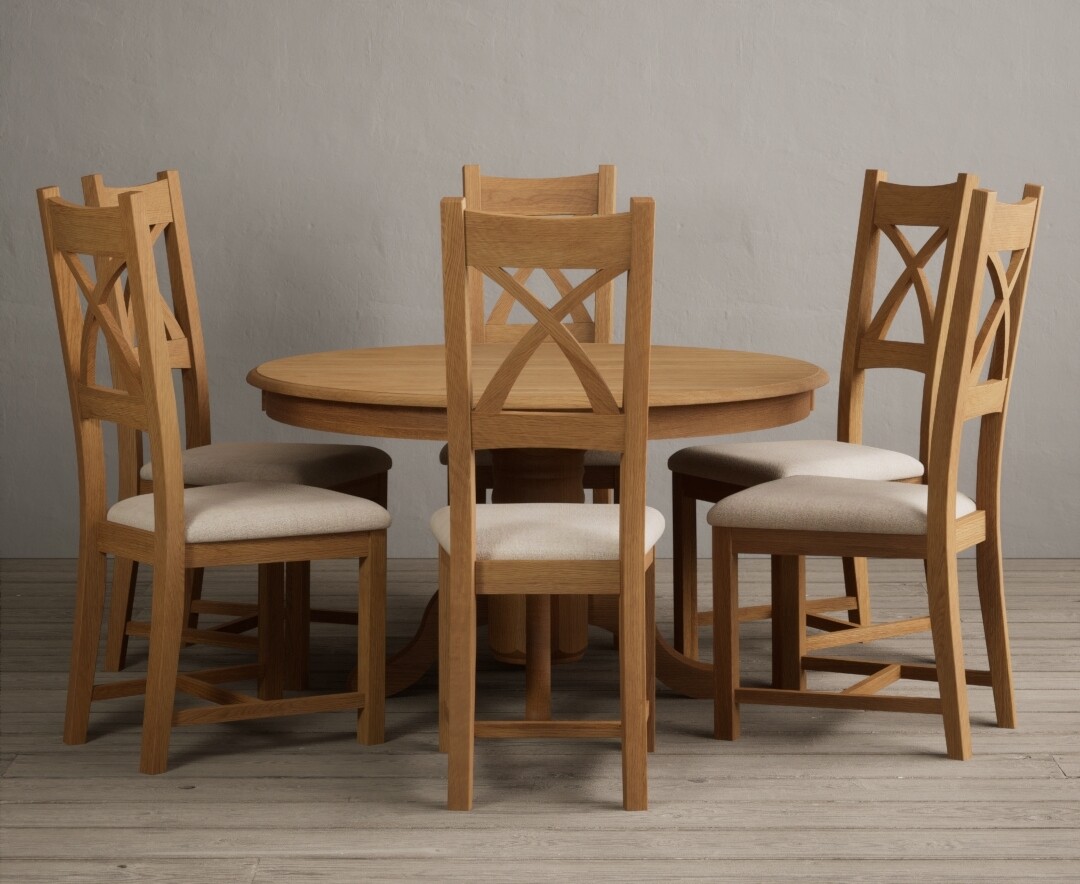 Product photograph of Hertford 120cm Fixed Top Solid Oak Round Pedestal Table With 6 Linen X Back Chairs from Oak Furniture Superstore