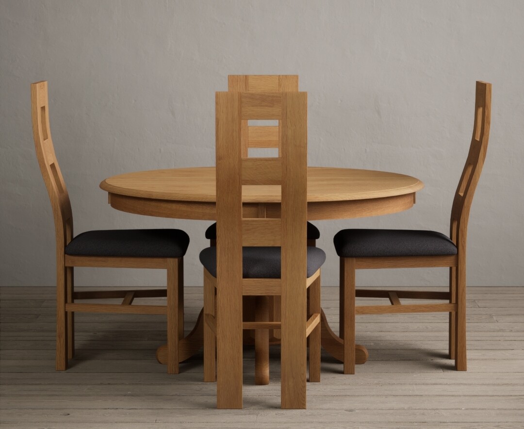 Photo 3 of Hertford 120cm fixed top solid oak round pedestal table with 4 brown flow back chairs
