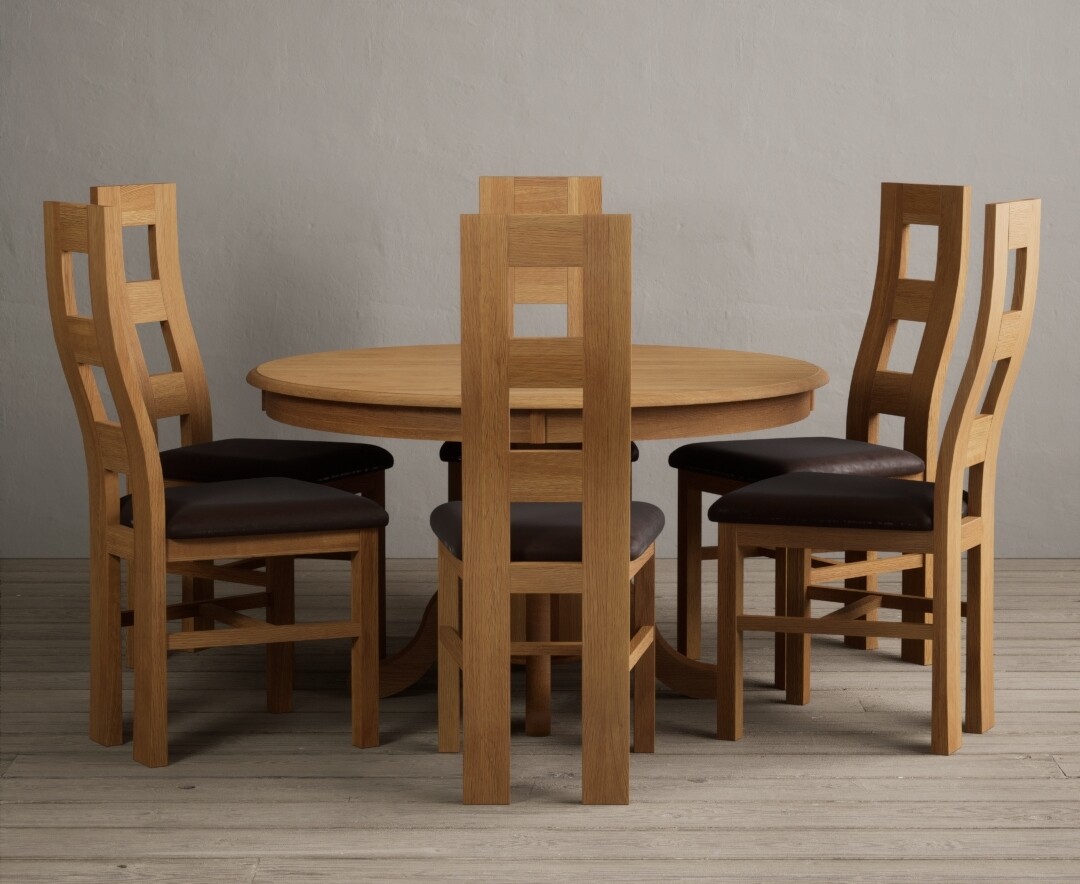 Product photograph of Hertford 120cm Fixed Top Solid Oak Round Pedestal Table With 6 Brown Flow Back Chairs from Oak Furniture Superstore